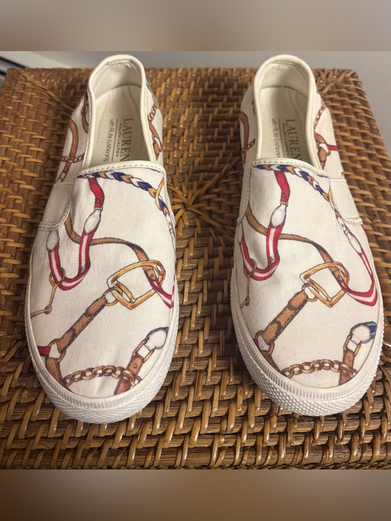 Lauren Ralph Lauren Shoes - LAUREN Ralph Lauren Jiny White Slip-On Sneakers with Equine Chain Print, size 8